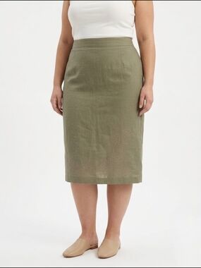 ENCORE 100% Linen Olive Green Midi Skirt Floral Embroidery Size 14